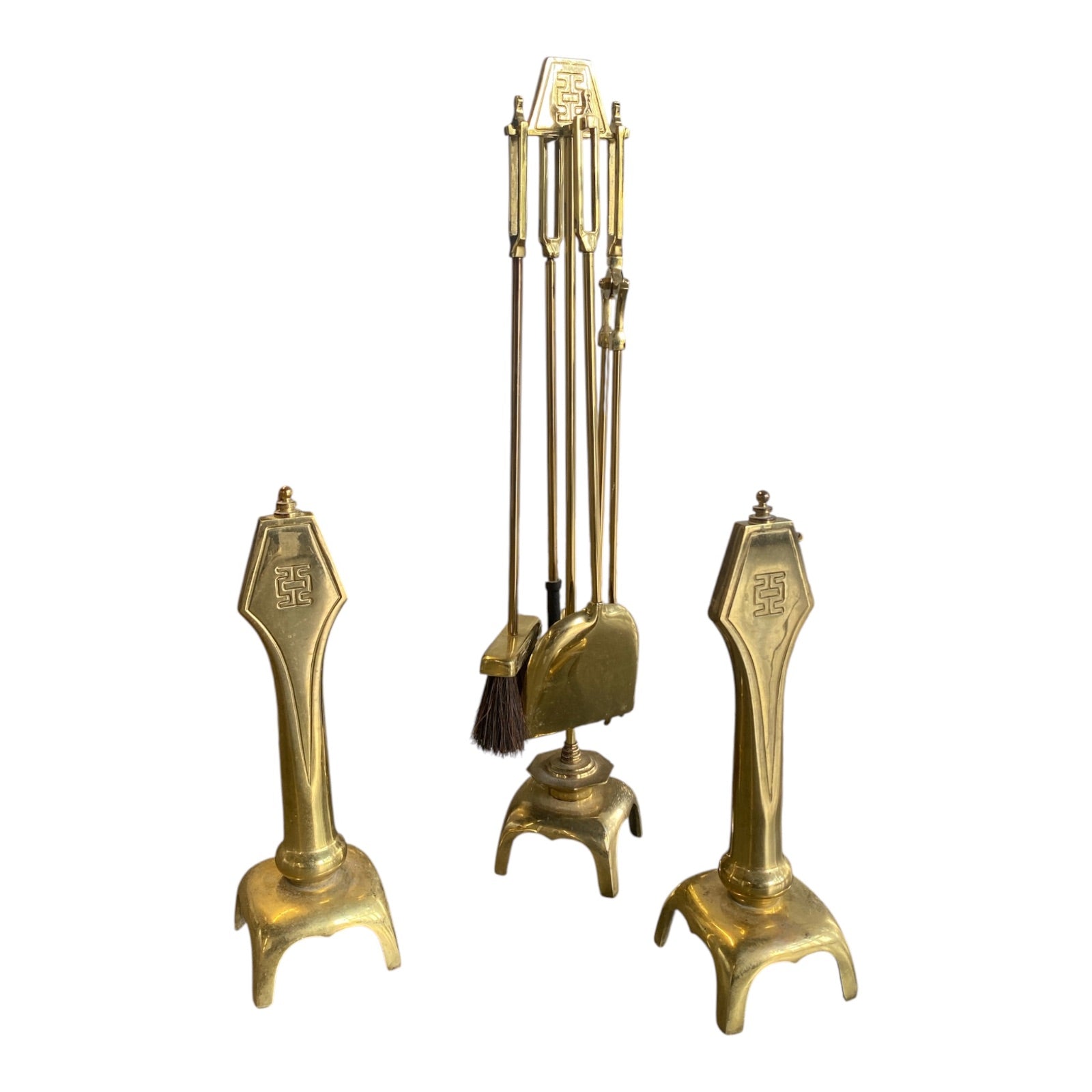 Asian-Inspired Solid Brass Fireplace Tool Set & Matching Andirons