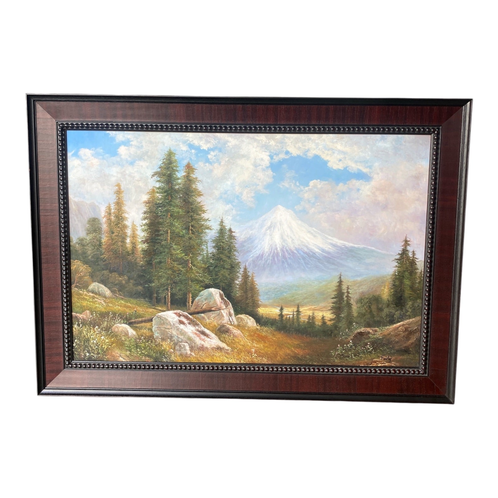 Signed Oil on Canvas Mountain Landscape in Mahogany-Tone Frame