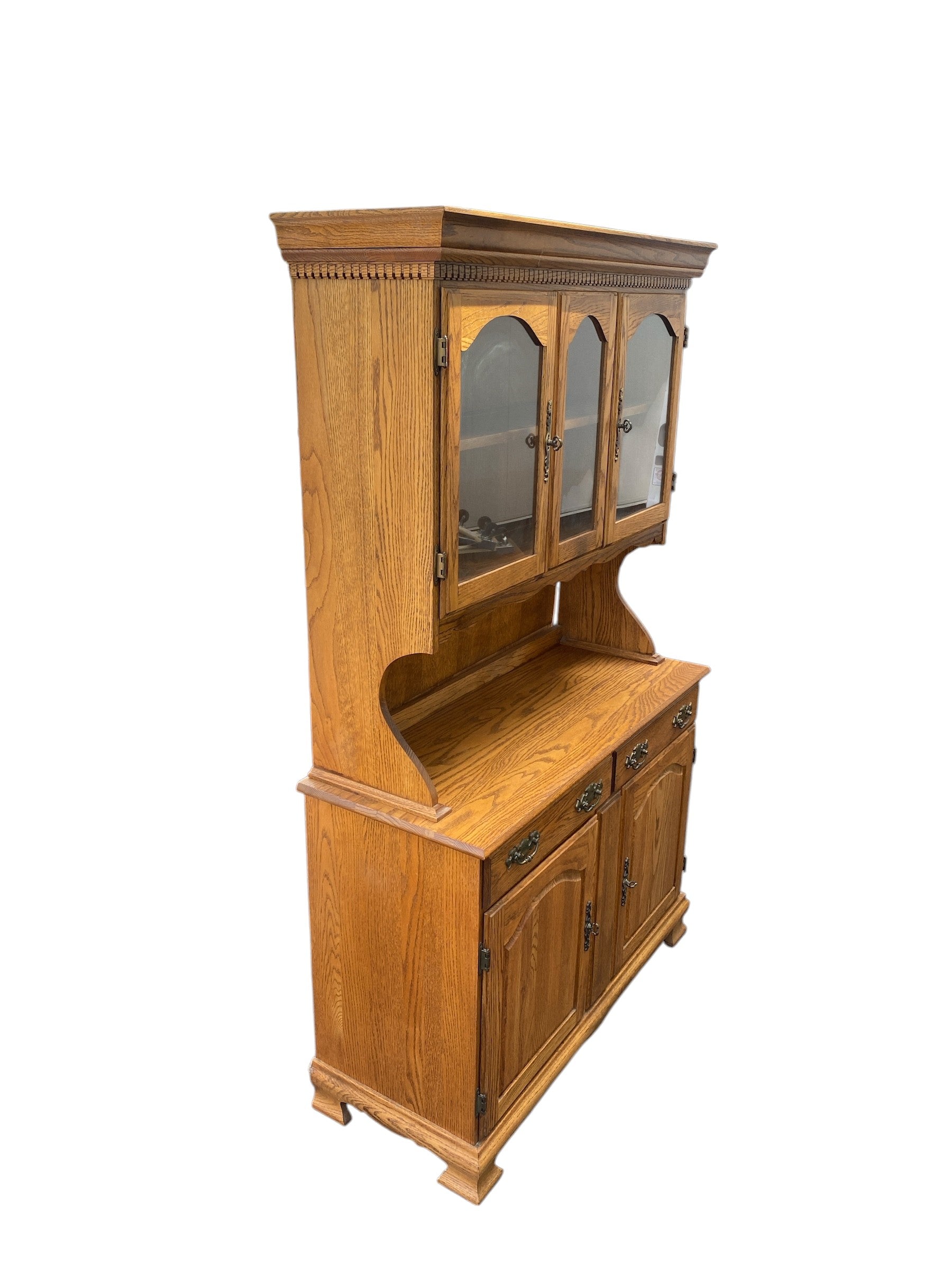 High Point Woodworking Solid Oak China Hutch — 3-Door Glass Display, Buffet Base, Dentil Crown Moldi