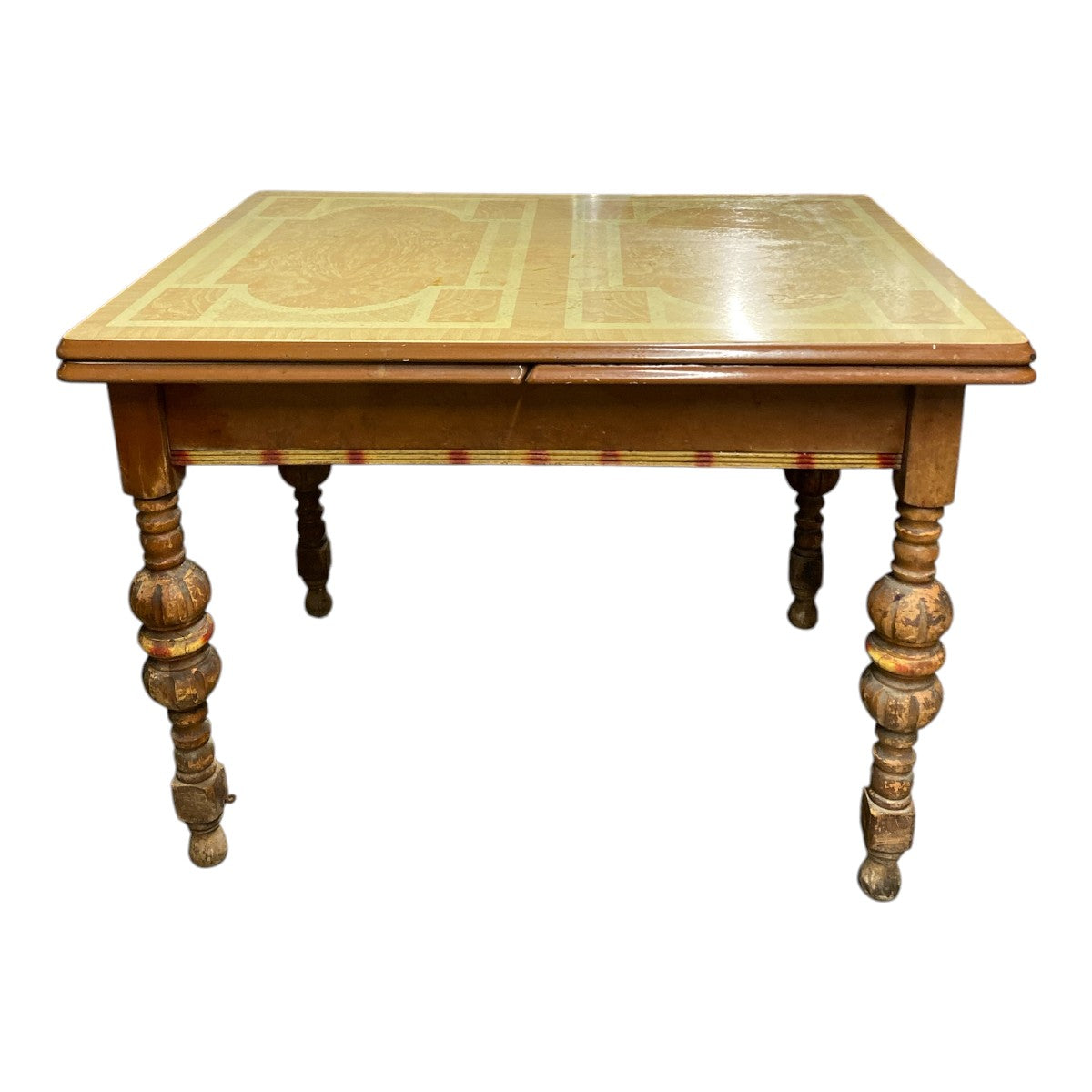 Vintage 1930s Art Deco Porcelain-Enamel Top Kitchen Table with Turned Wood Legs