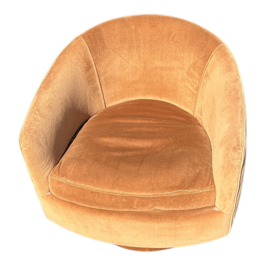 Vintage Barrel Swivel Lounge Chair – Caramel Velvet, Wood Drum Base