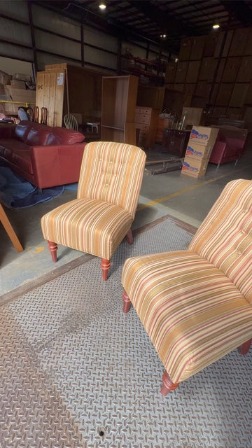 Pair of Regency-Style Slipper Chairs with Button-Tufted Striped Upholstery