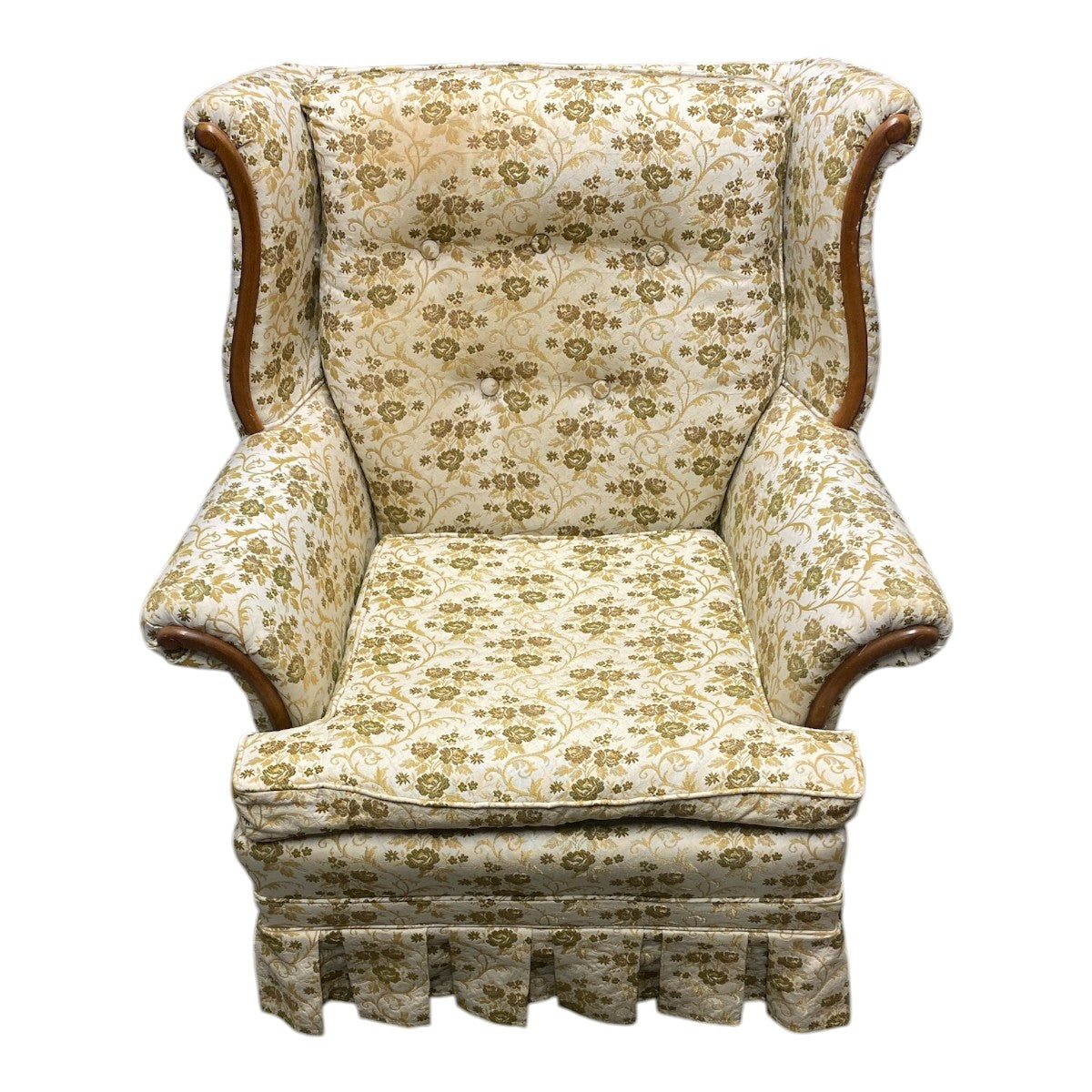 Vintage Cream & Gold Floral Wingback Chair – Deep Seat, Skirted Base, Hickory NC Comfort