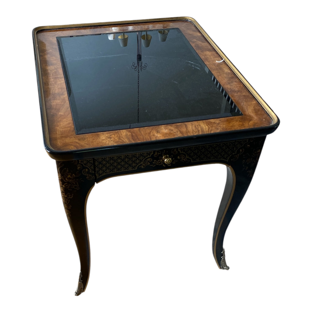 Drexel Heritage Chinoiserie Side Table Black Lacquer Burl Wood Glass Top 2 of 2