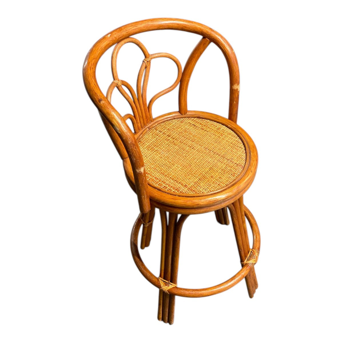 Vintage Rattan Bamboo Swivel Bar Stool — Flower Petal Back