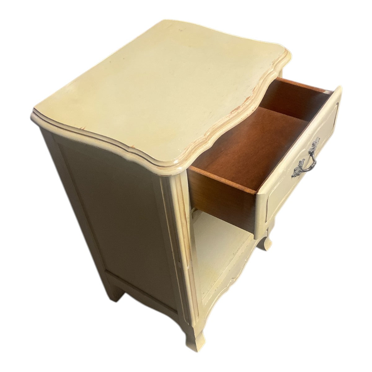 Vintage French Provincial Cream Nightstand – 1‑Drawer Bedside Table with Open Shelf