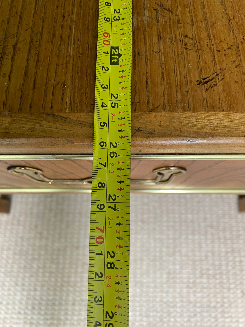 Founders 1970s Campaign-Style Oak End Table with Brass Trim & Bail Pull Hardware