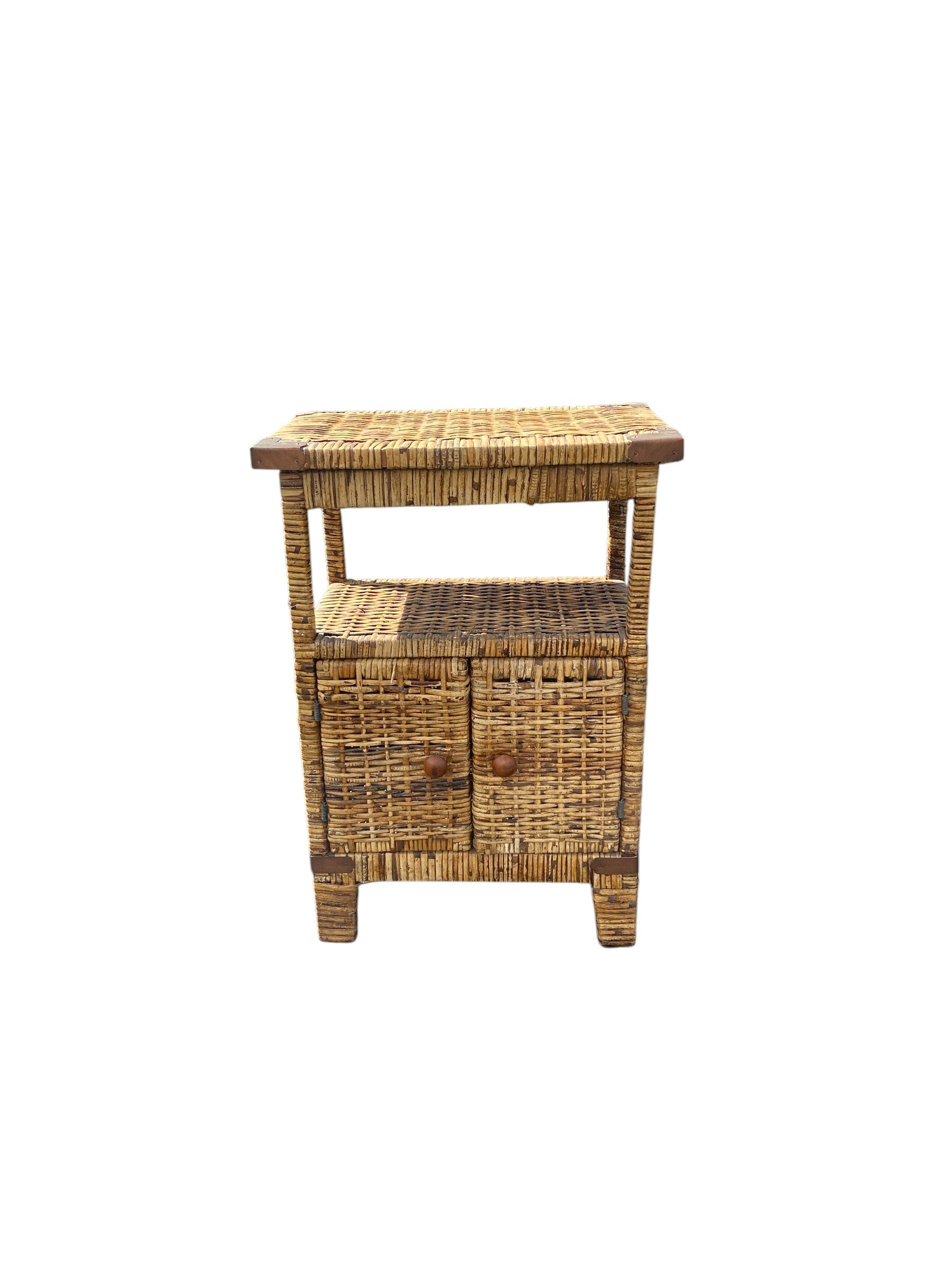 Vintage Wicker Rattan Nightstand / Side Table — 1 Drawer, Open Shelf, Wood Corner Trim, Boho Coastal