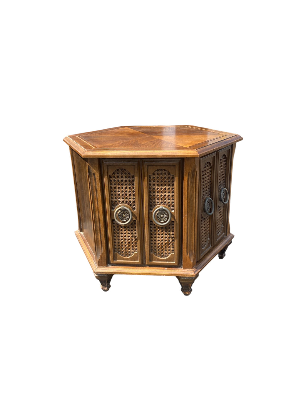 Vintage Mid-Century Hexagonal Walnut Cabinet End Table — Cane Door Panels, Brass Ring Pulls