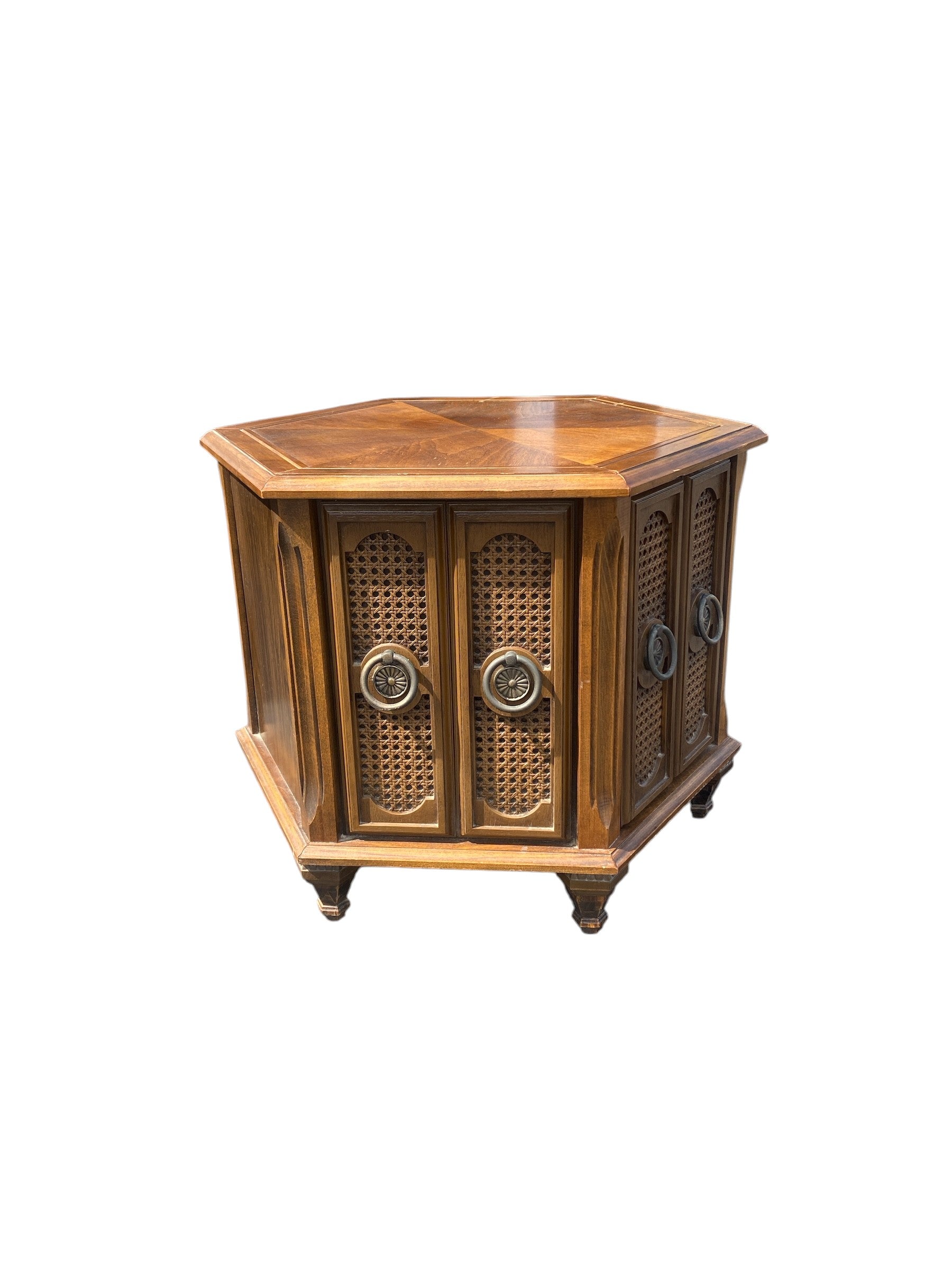 Vintage Mid-Century Hexagonal Walnut Cabinet End Table — Cane Door Panels, Brass Ring Pulls