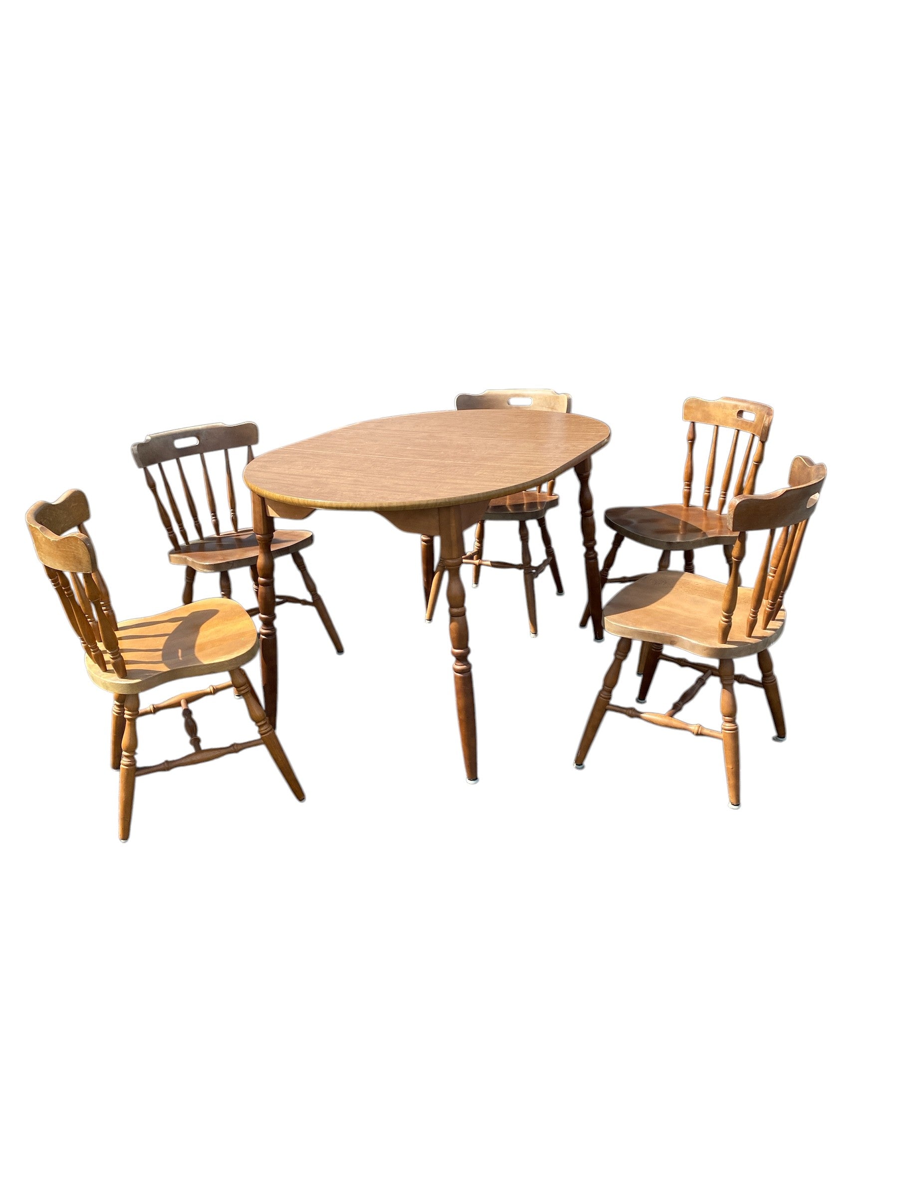 Vintage Solid Maple Drop-Leaf Dining Table + 4 Windsor Spindle Chairs — Colonial Farmhouse, Seats 5