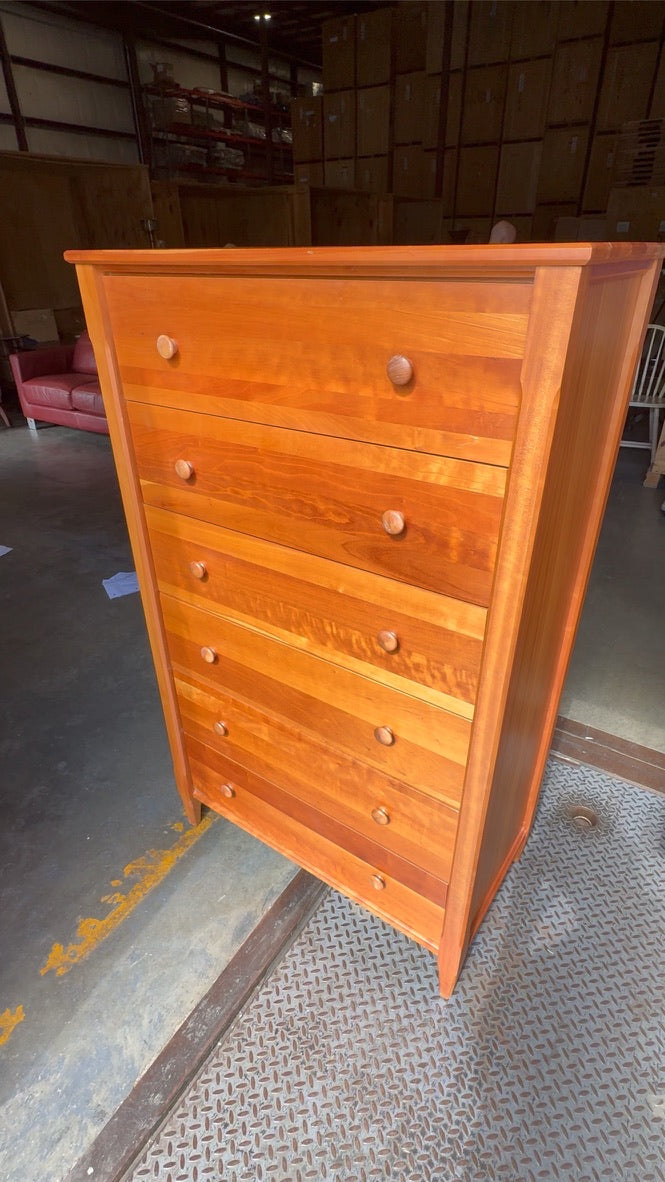 Vermont Shaker-Style Solid Cherry 6-Drawer Highboy Chest with Tiger Maple Accent