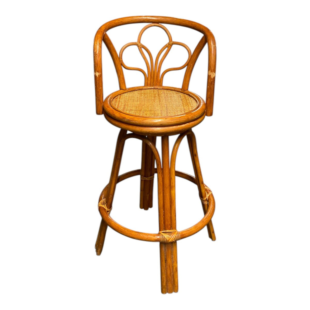 Vintage Rattan Bamboo Swivel Bar Stool — Flower Petal Back