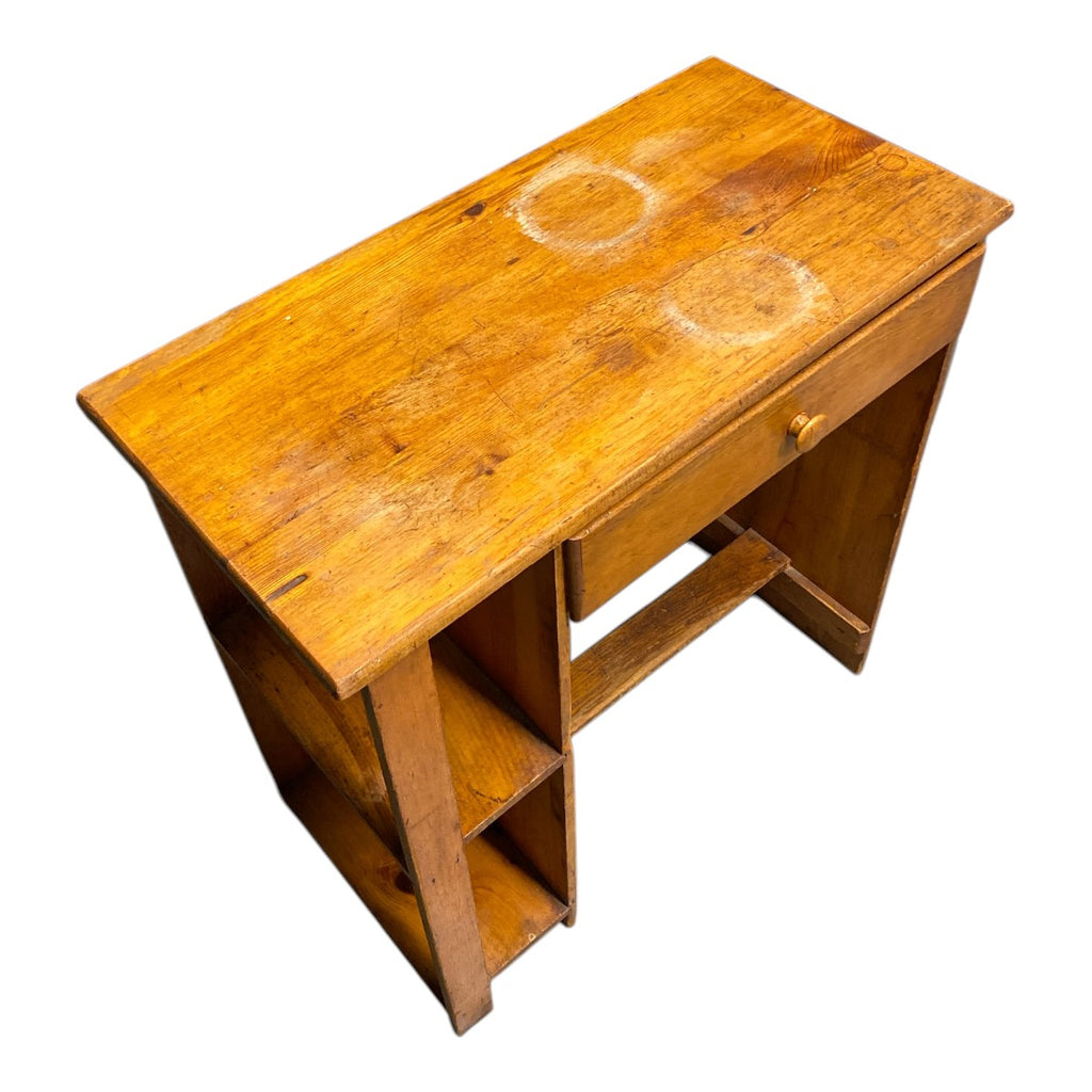 Compact Solid Pine Writing Desk with Side Shelves – Project‑Ready Patina