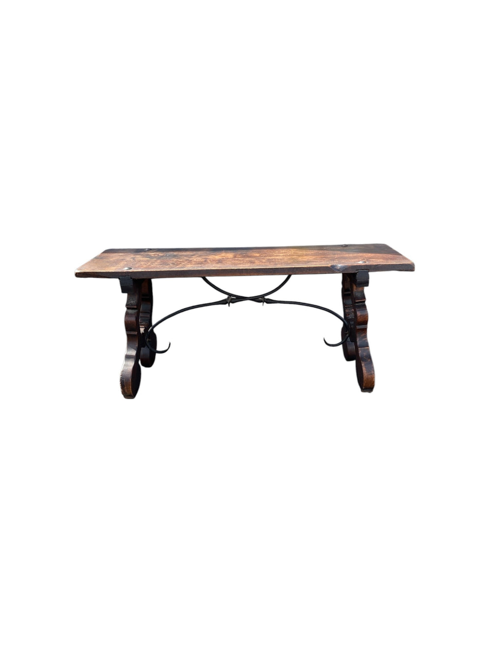 Vintage Spanish Colonial Trestle Bench / Low Table — Dark Walnut, Lyre-Cut Base, Iron Bolt Hardware
