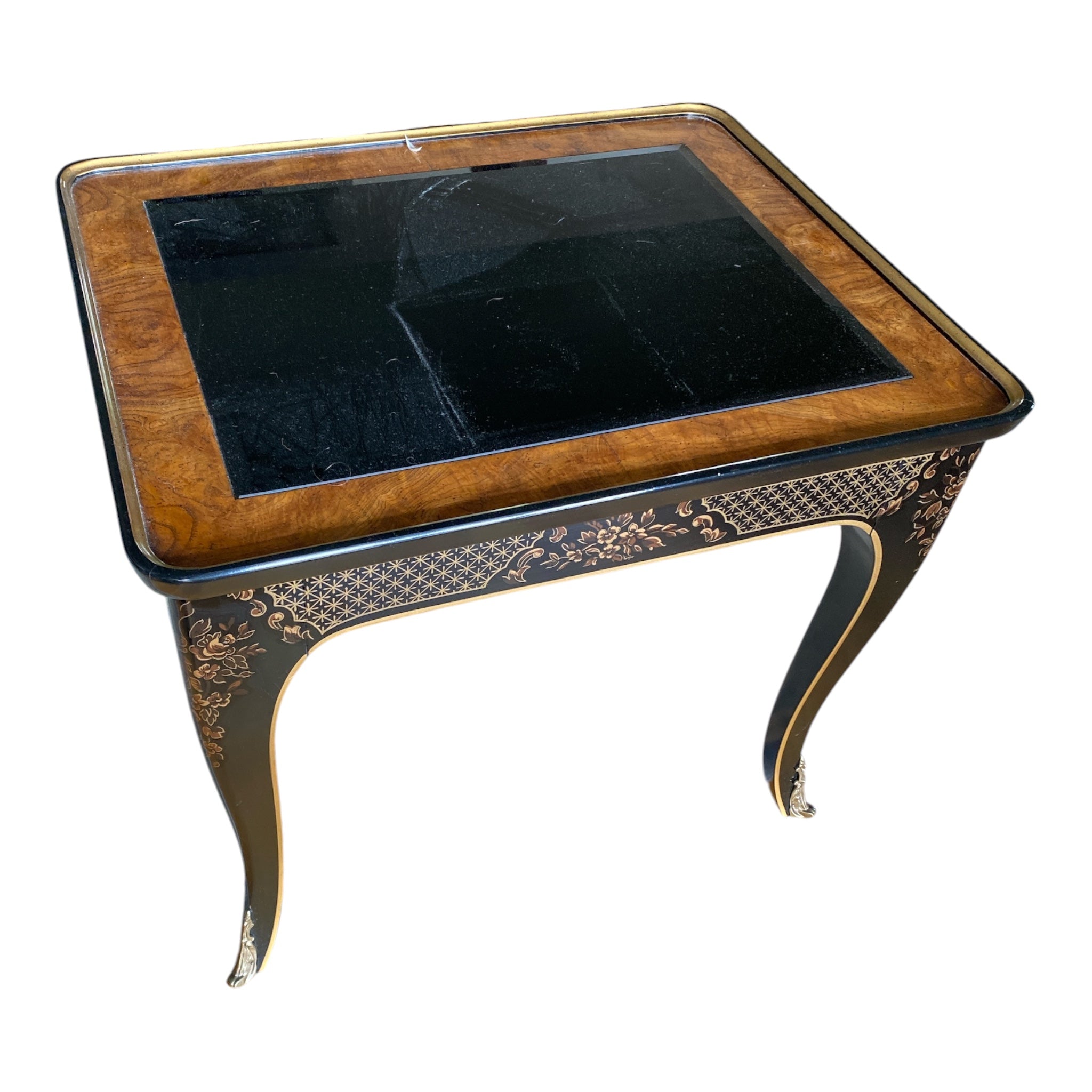 Drexel Heritage Chinoiserie Side Table Black Lacquer Burl Wood Glass Top 2 of 2