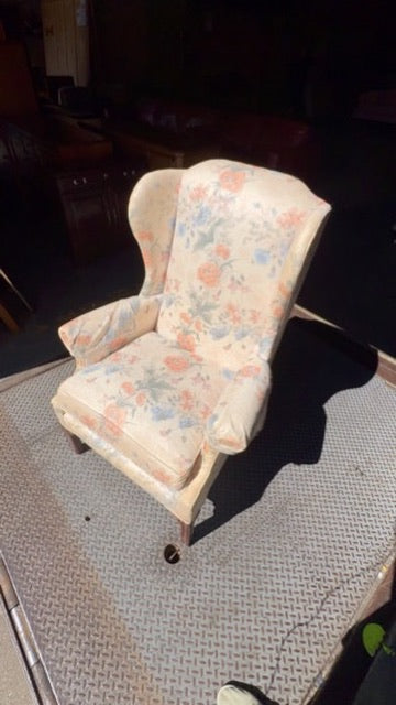 Chippendale-Style Wingback Chair with Carved Mahogany Legs & Botanical Chintz