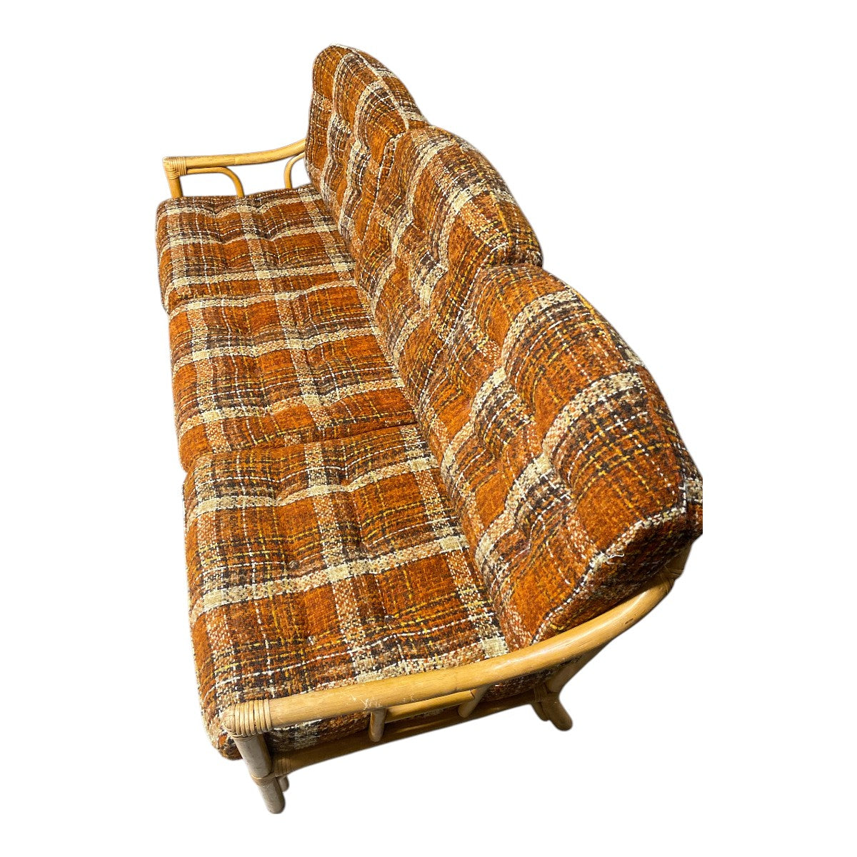 Vintage Rattan 3‐Seat Sofa – Arched Bamboo Frame + Original 70s Plaid Cushions