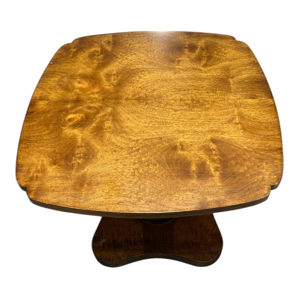 Vintage Figured-Wood Pedestal Side Table / Lamp Table w Quatrefoil Base