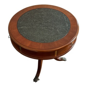 Vintage Mahogany Round Game Table with Green Marble Top & Claw Foot Base