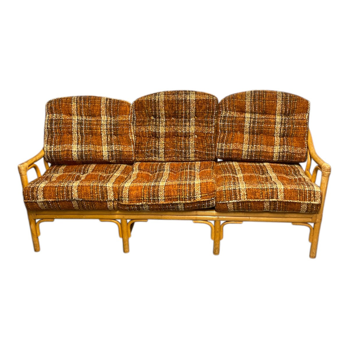Vintage Rattan 3‐Seat Sofa – Arched Bamboo Frame + Original 70s Plaid Cushions