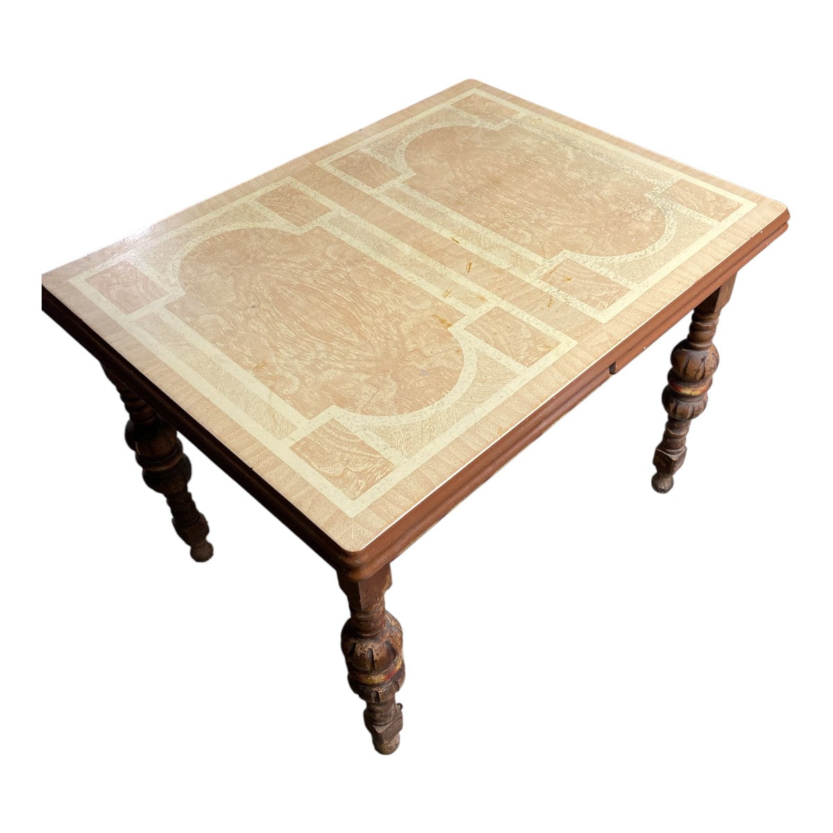 Vintage 1930s Art Deco Porcelain-Enamel Top Kitchen Table with Turned Wood Legs