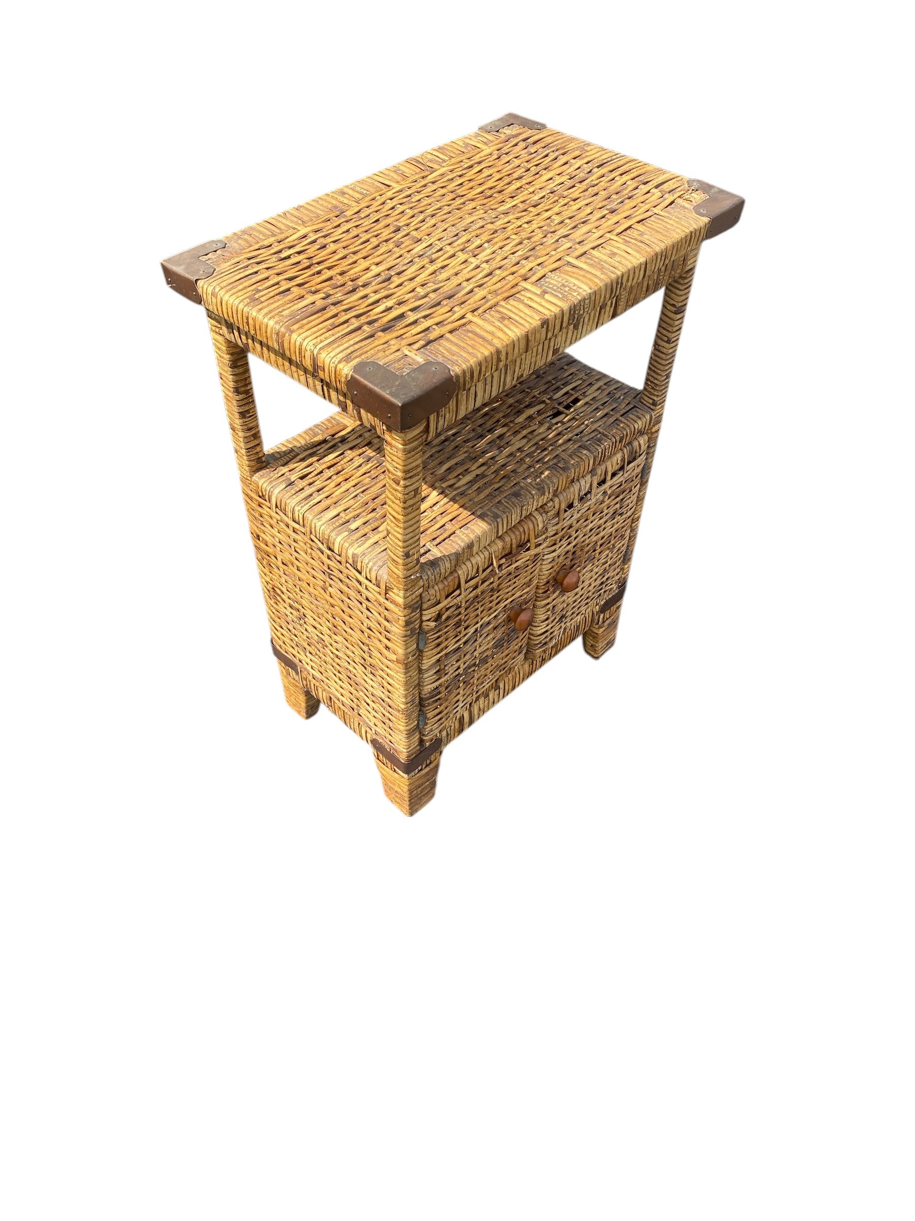 Vintage Wicker Rattan Nightstand / Side Table — 1 Drawer, Open Shelf, Wood Corner Trim, Boho Coastal