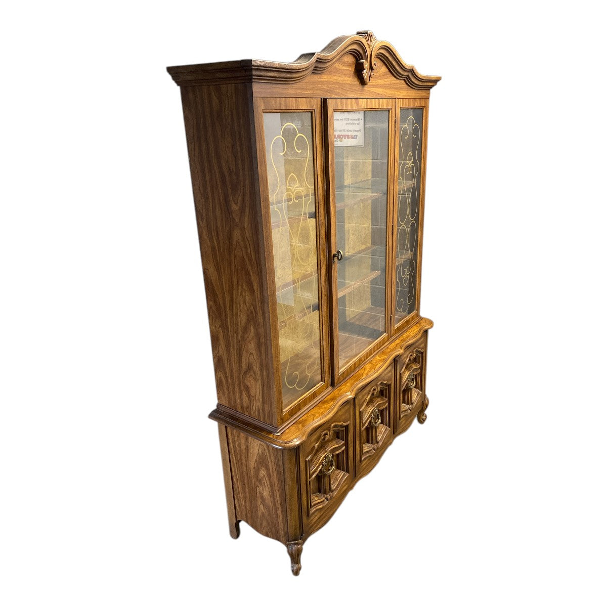 Vintage French Provincial Two-Piece China Cabinet / Hutch — Gold Scroll Etched Glass