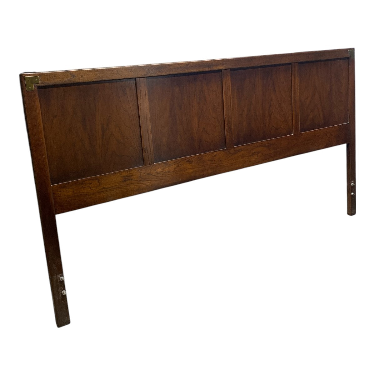 Vintage Campaign-Style Walnut Queen Headboard – Brass Corners, Panel Front