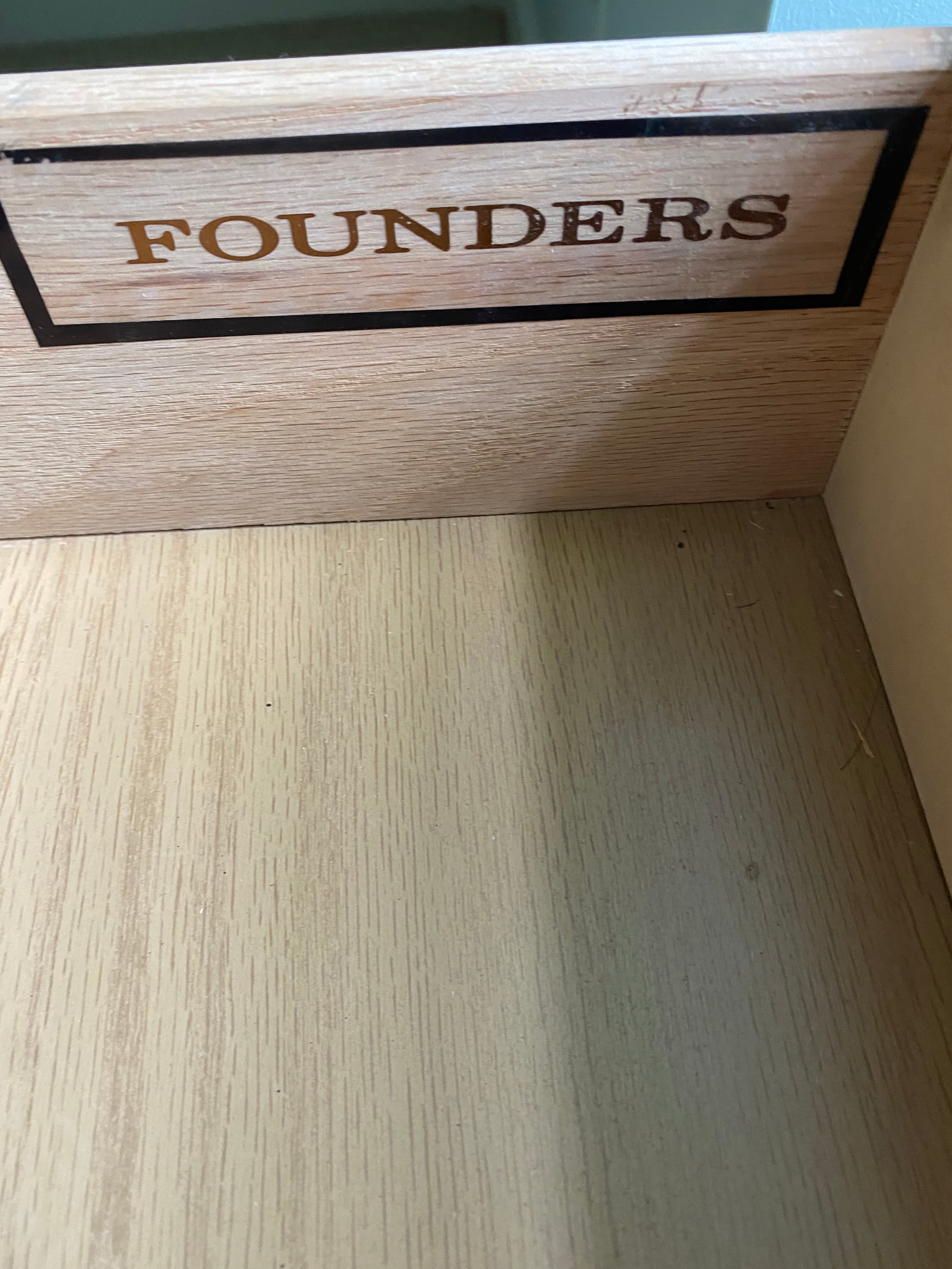 Founders 1970s Campaign-Style Oak End Table with Brass Trim & Bail Pull Hardware