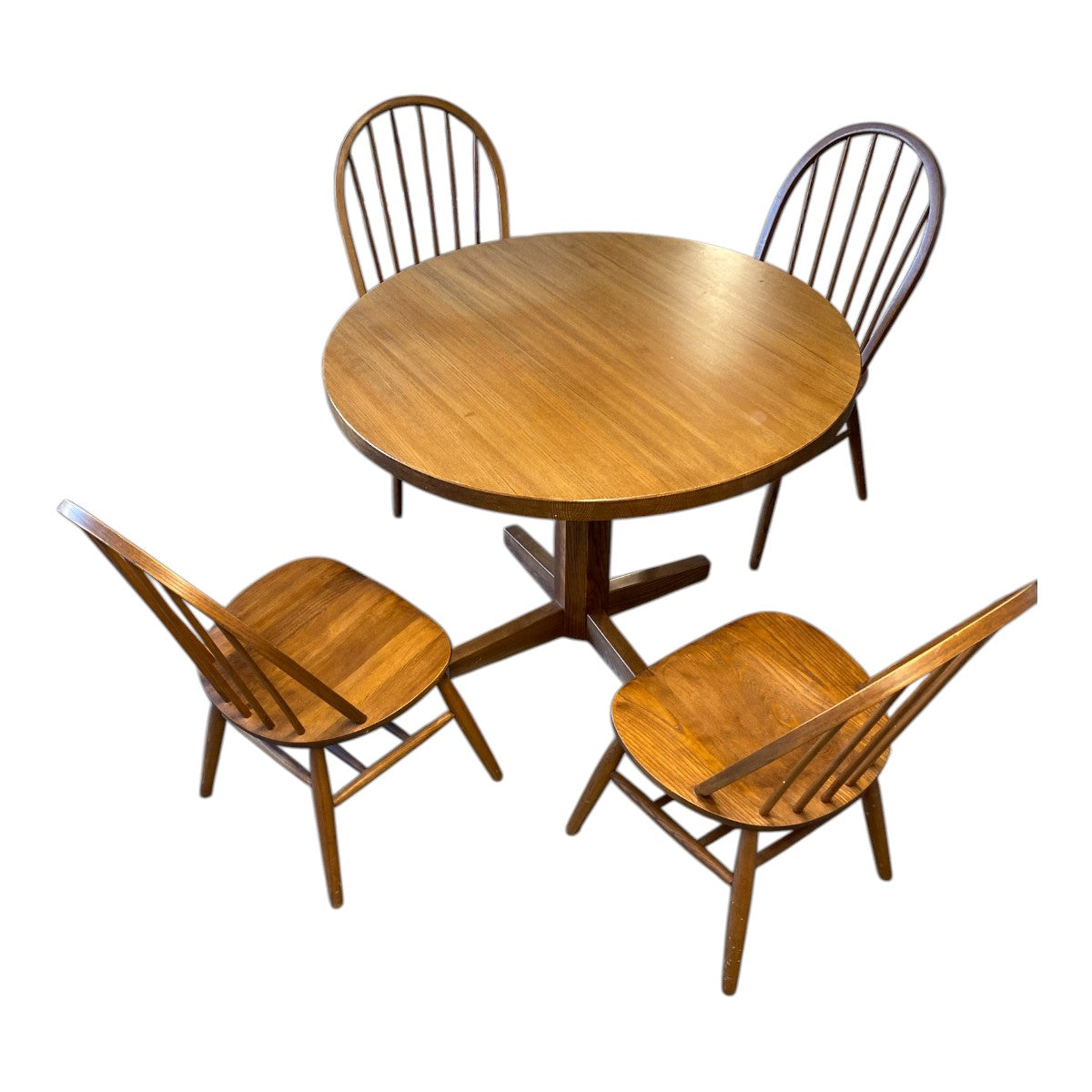 Vintage Round Oak Pedestal Dining Table + 4 Windsor Spindle-Back Chairs