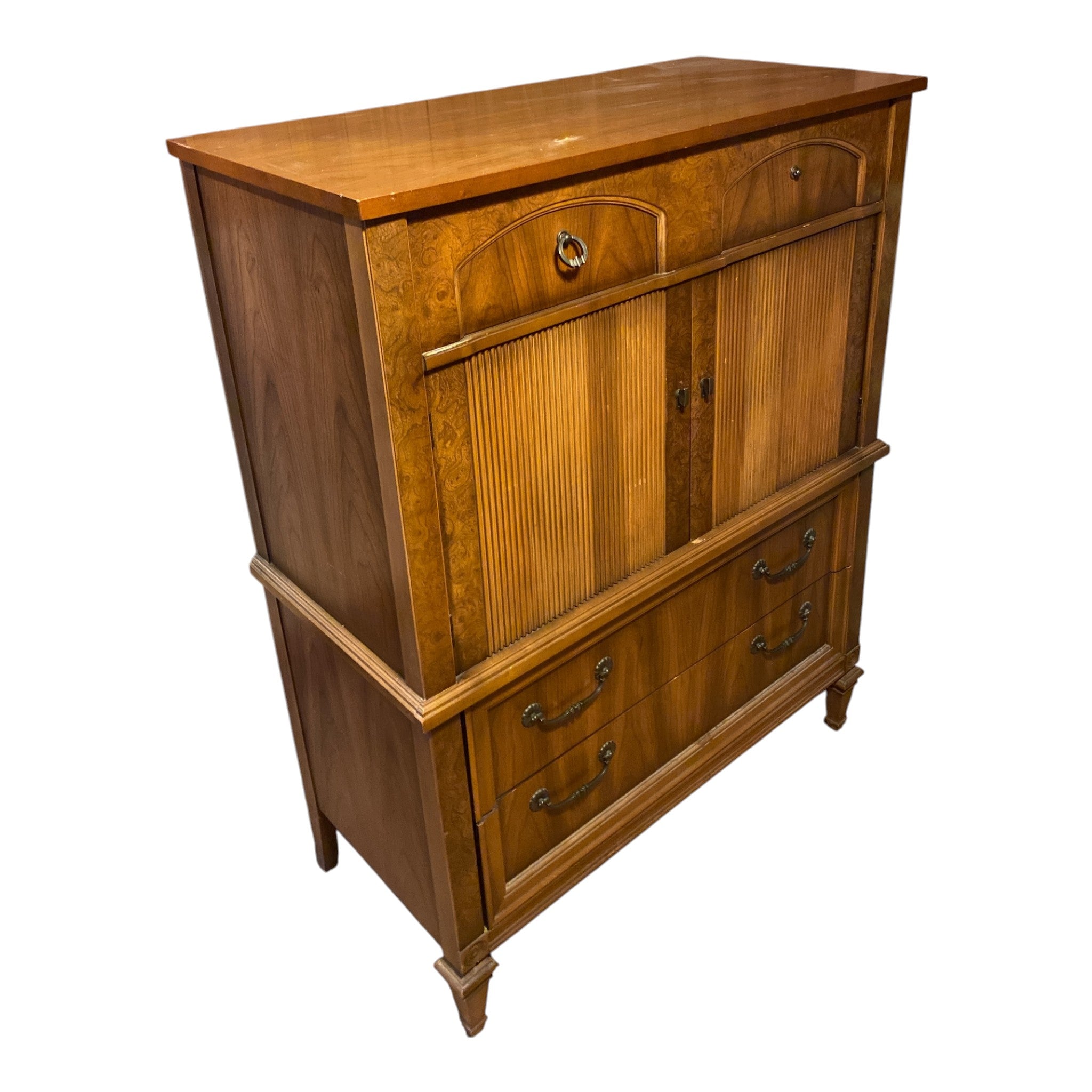 Mid-Century Tambour Door Highboy Dresser – Warm Walnut