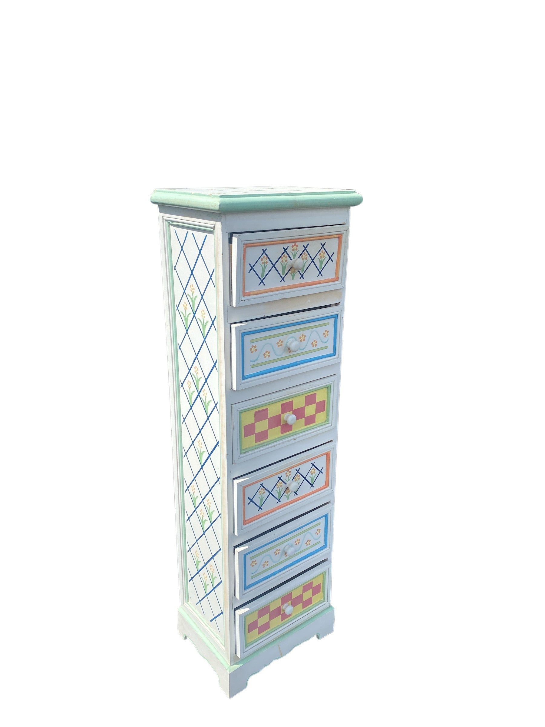 Vintage Hand-Painted Folk Art Lingerie Chest — 6 Drawers, Pastel Floral & Checker Motifs, Slim Tower