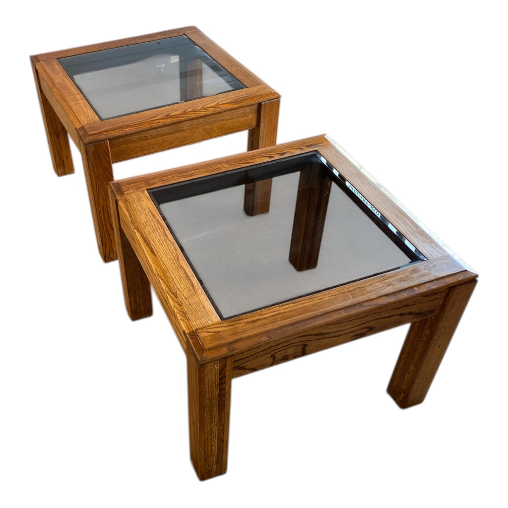 Vintage Oak & Smoked Glass Parsons End Tables – 1970s, Solid Build