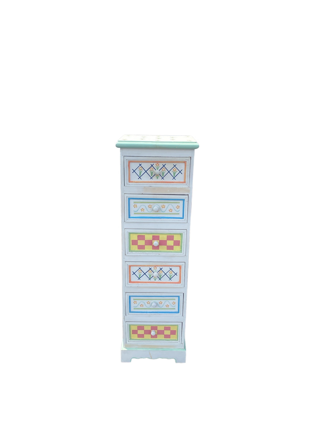 Vintage Hand-Painted Folk Art Lingerie Chest — 6 Drawers, Pastel Floral & Checker Motifs, Slim Tower