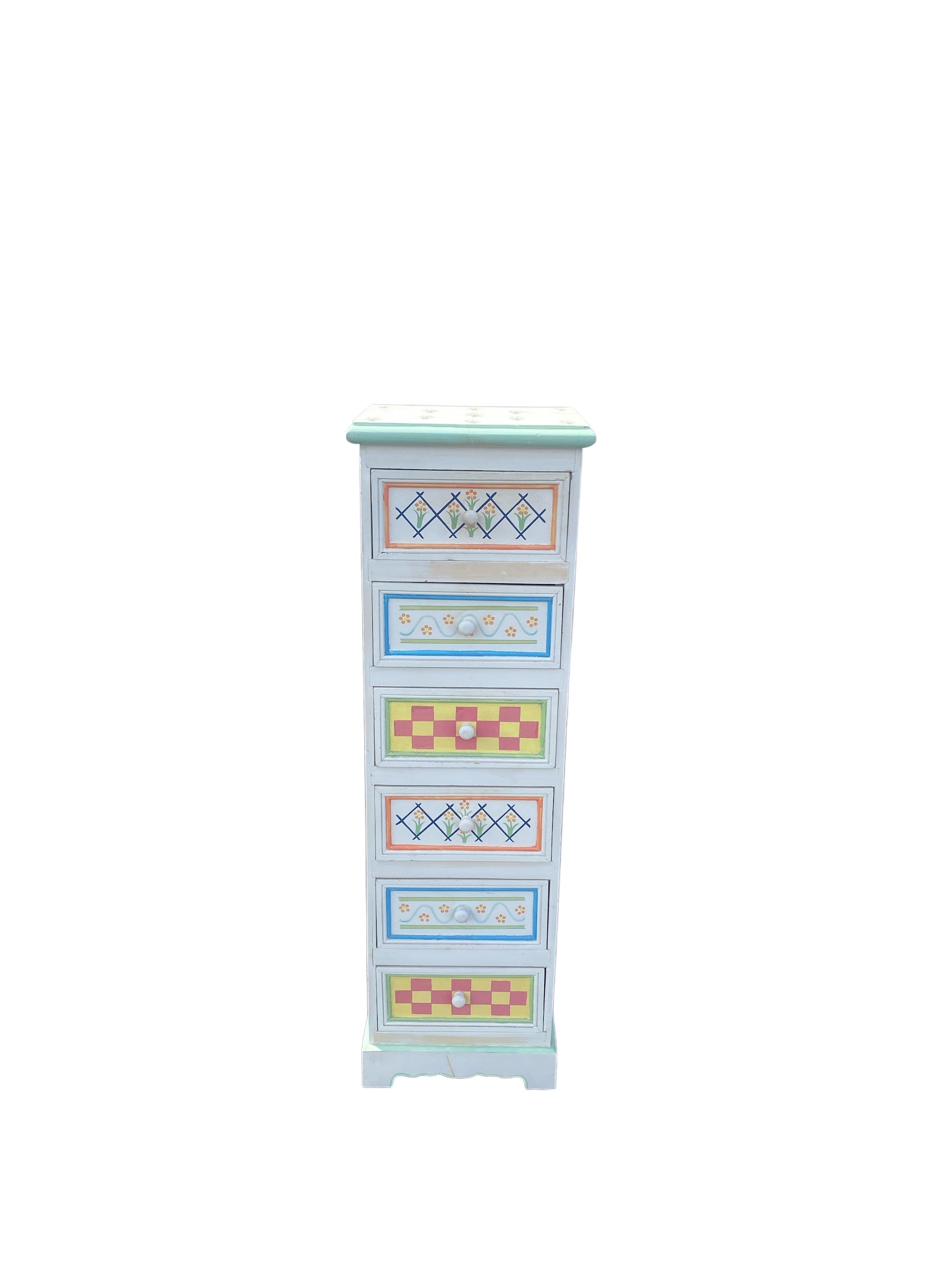Vintage Hand-Painted Folk Art Lingerie Chest — 6 Drawers, Pastel Floral & Checker Motifs, Slim Tower