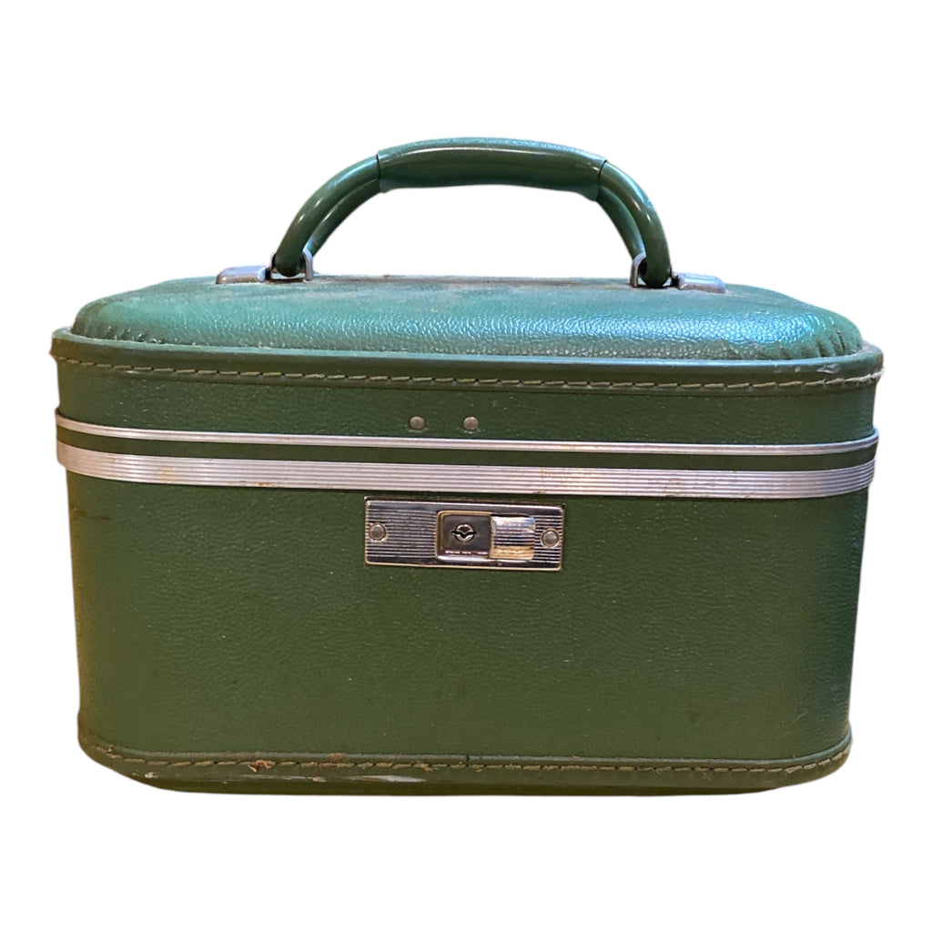 1960s Avocado Green Train Case with Mirror & Ruched Satin Interior