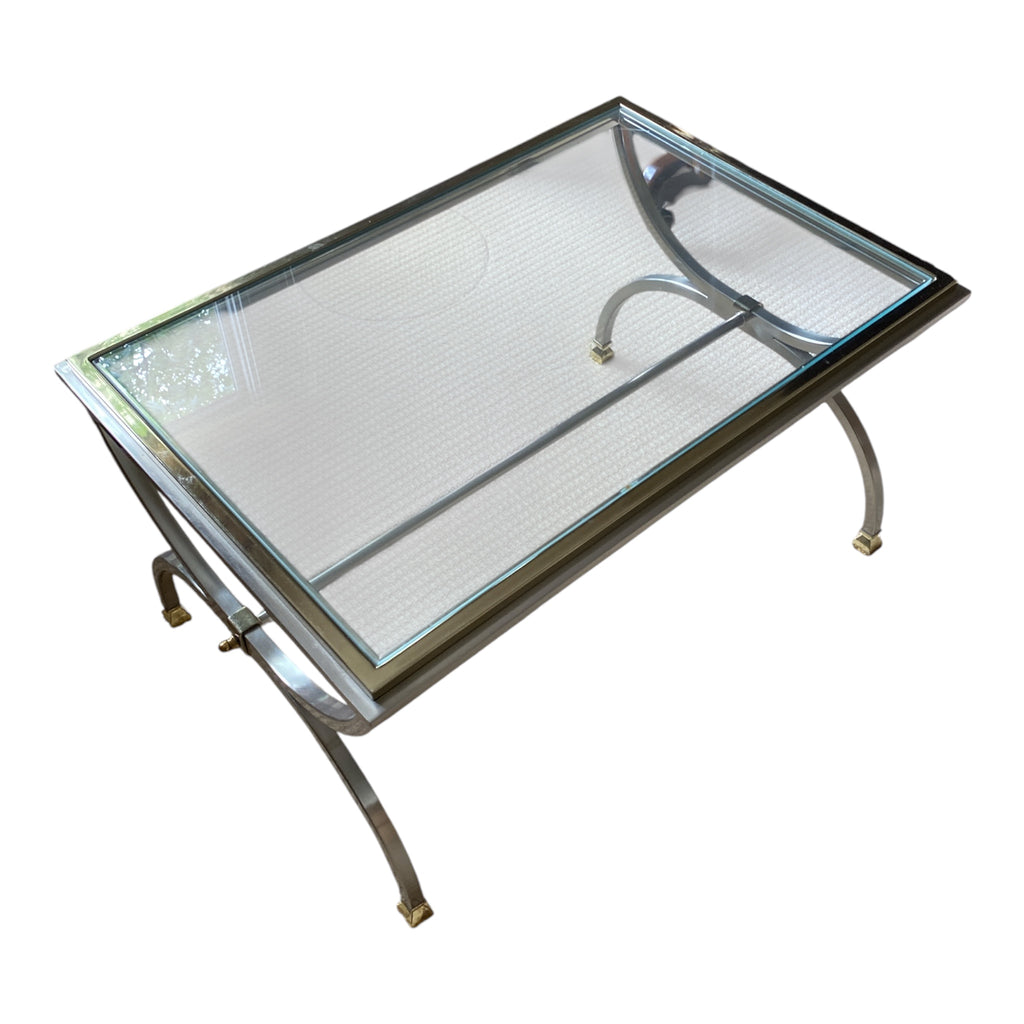 Hollywood Regency Chrome & Brass Curule Coffee Table with Beveled Glass Top