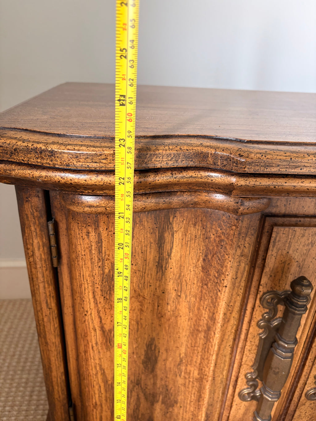 1970s Spanish Revival Oak Nightstand with Serpentine Base & Original Brass Pulls 1 of 2