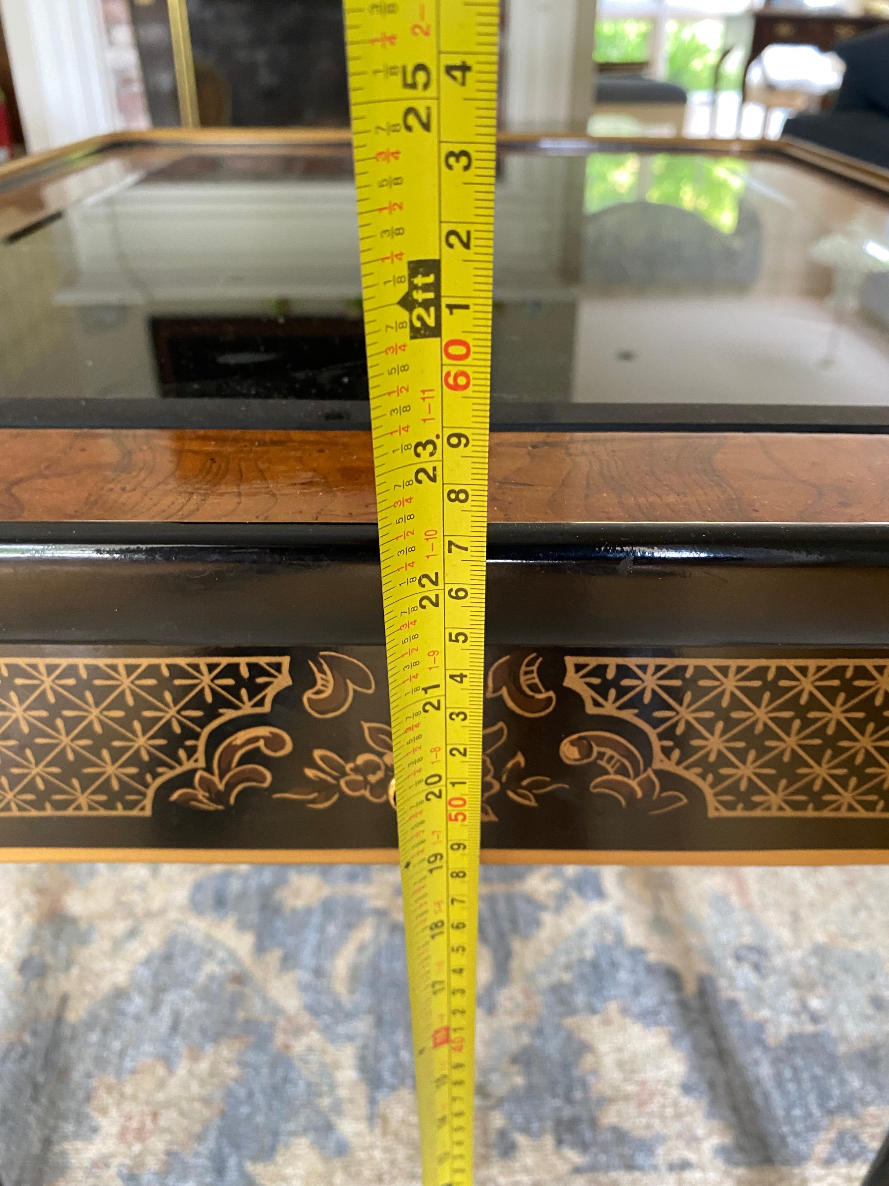 Drexel Heritage Chinoiserie Side Table Black Lacquer Burl Wood Glass Top