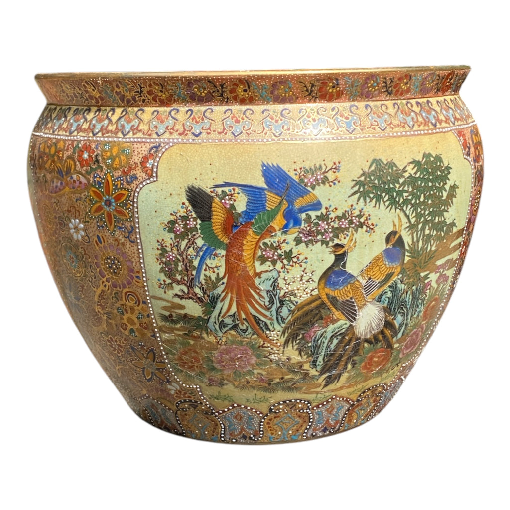 Satsuma-Style Fishbowl Jardinière with Pheasant & Phoenix Motif, 18" D