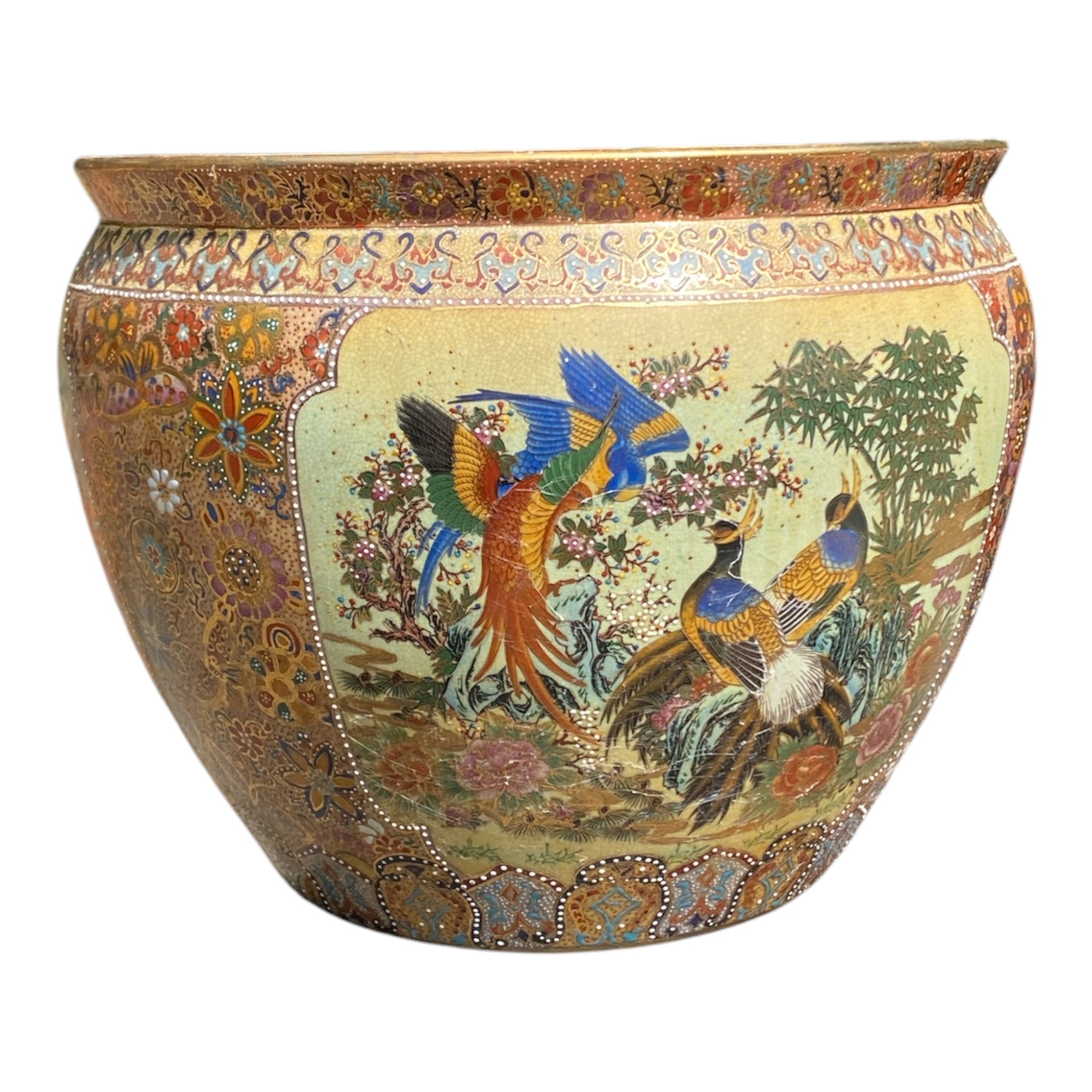Satsuma-Style Fishbowl Jardinière with Pheasant & Phoenix Motif, 18" D