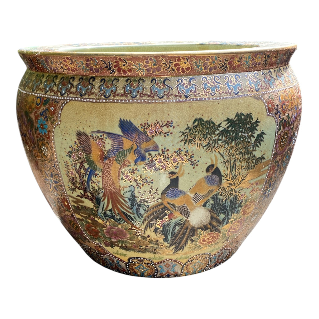 Satsuma-Style Fishbowl Jardinière with Pheasant & Phoenix Motif, 18" D