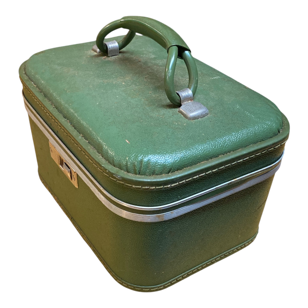 1960s Avocado Green Train Case with Mirror & Ruched Satin Interior