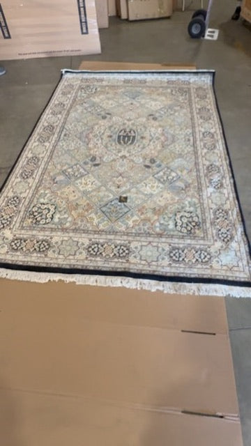 Hand-Knotted Persian-Style Wool Area Rug with Garden Panel Design, Navy Border