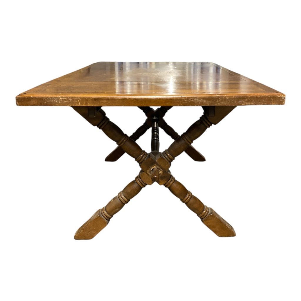 Vintage Solid Wood Trestle Dining Table with Leaves and 6 Chairs – D ...