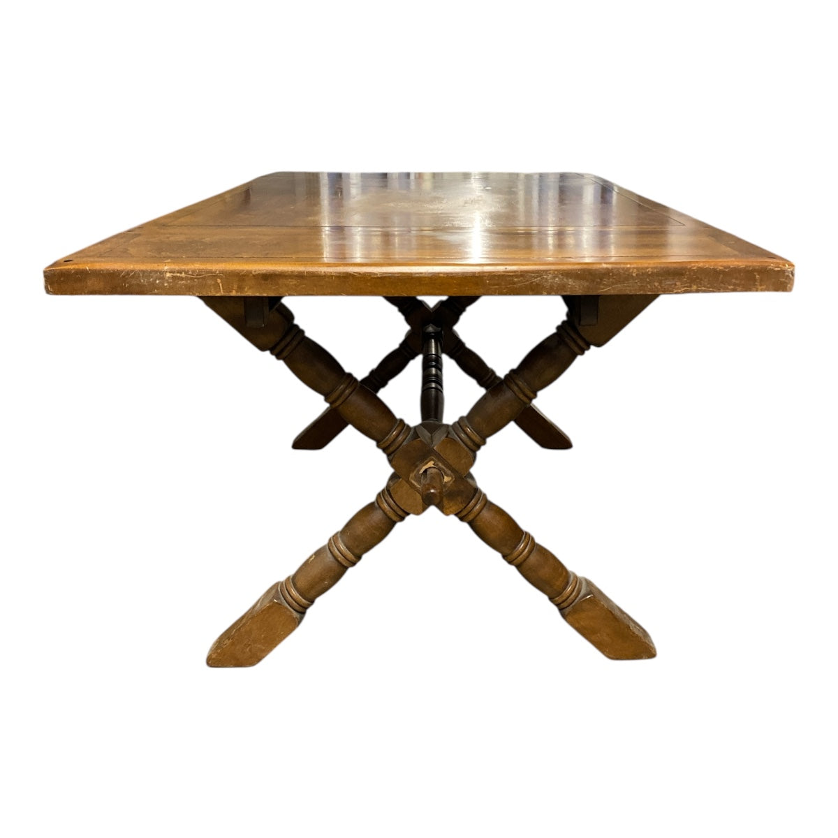 Vintage Solid Wood Trestle Dining Table with Leaves and 6 Chairs