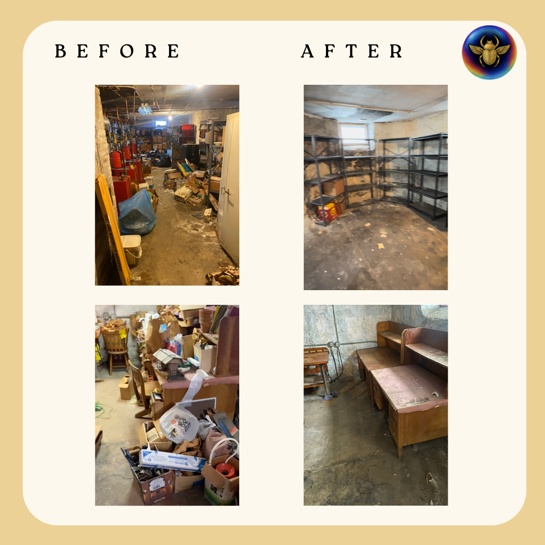 Before and after comparison of a basement transformation with various items and storage solutions.