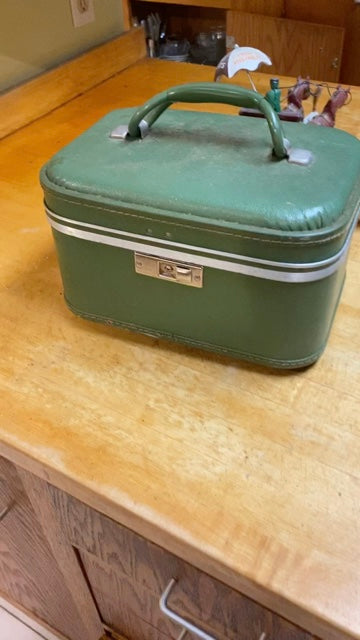 1960s Avocado Green Train Case with Mirror & Ruched Satin Interior