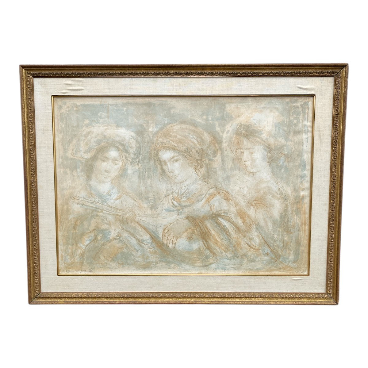 Edna Hibel Signed Stone Lithograph “Experimental Group” 5/24 — Three Musicians, Gold Frame